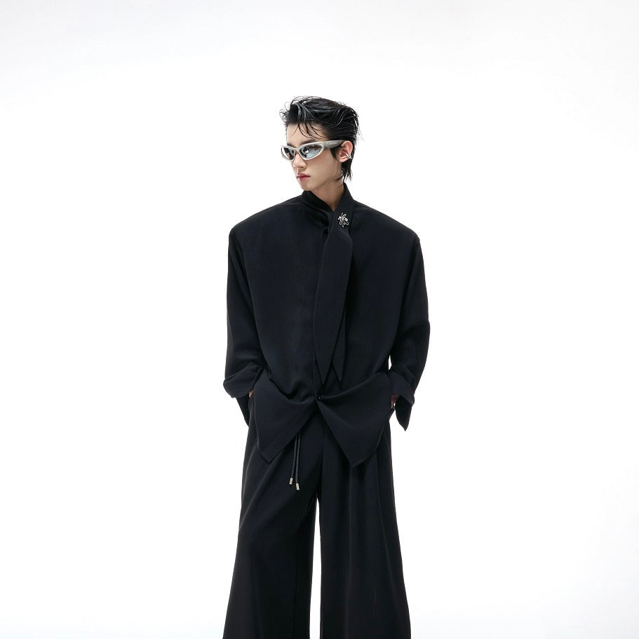 Ribbon Tie Shoulder-Pad Long Sleeve Shirt & Wide Leg Pants Setup WN20528