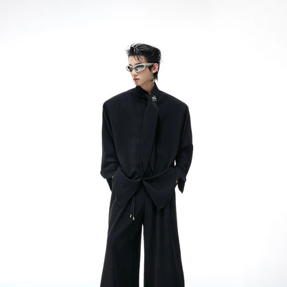 Ribbon Tie Shoulder-Pad Long Sleeve Shirt & Wide Leg Pants Setup WN20528