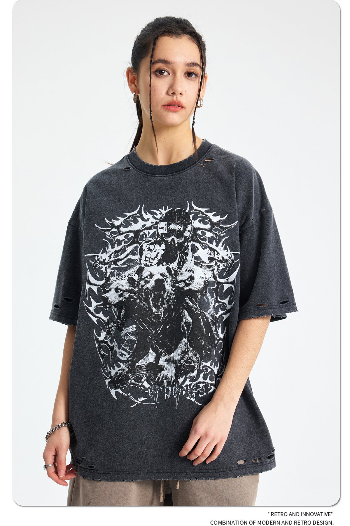 Damage Washed Snake Print Oversize Short Sleeve T-Shirt WN16278