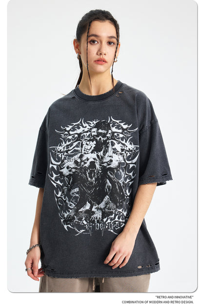 Damage Washed Snake Print Oversize Short Sleeve T-Shirt WN16278