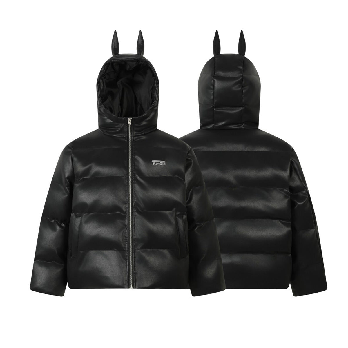 Devil Horn Hooded PU Leather Zipper Puffer Jacket WN21920