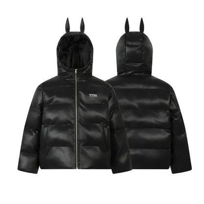 Devil Horn Hooded PU Leather Zipper Puffer Jacket WN21920
