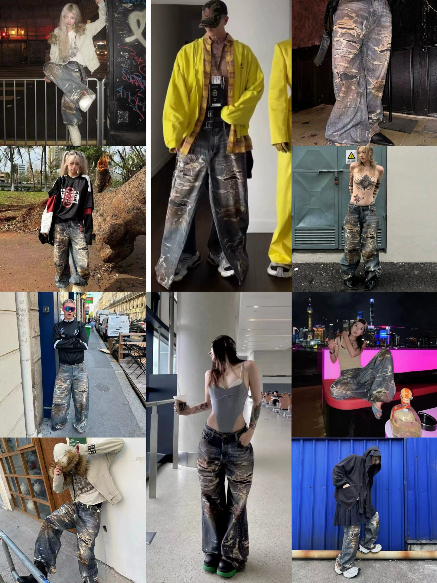 Washed Dirty Stain Damage Digital Print Denim Jeans WN19686