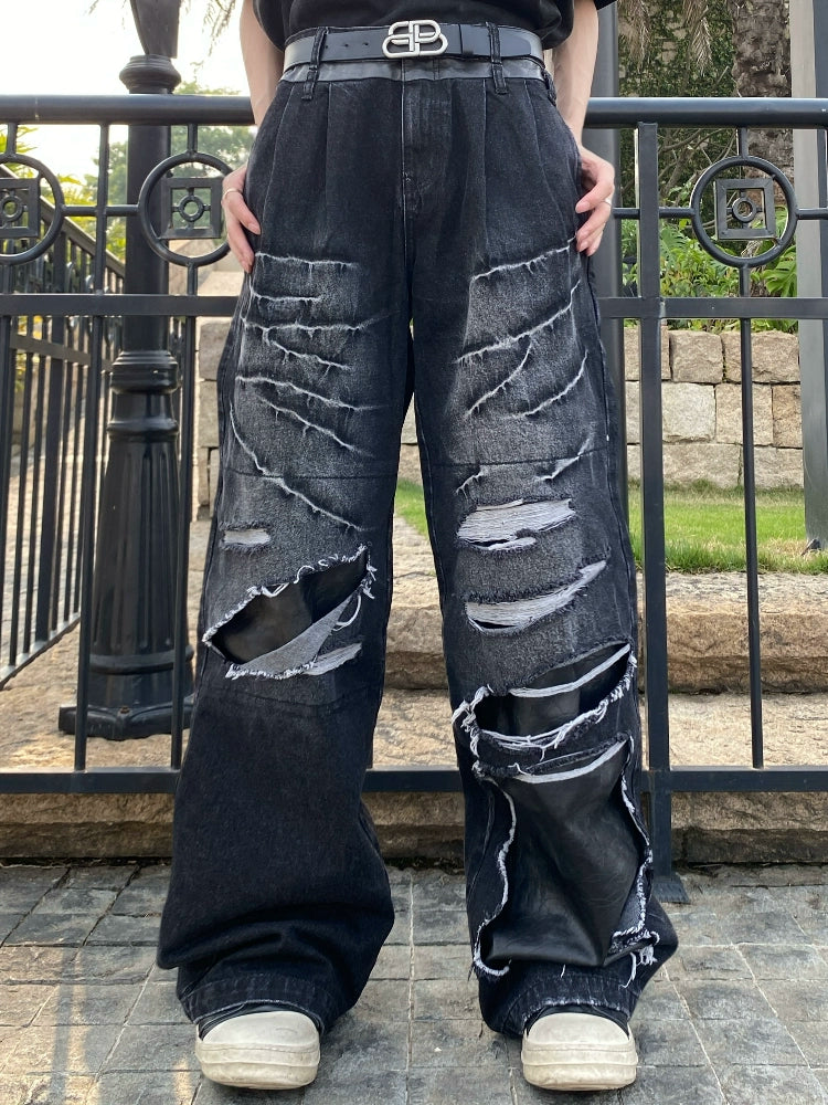 Wash PU Patchwork Tassel Heavyweight Denim Jeans WN20743