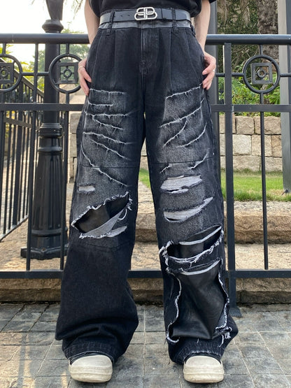 Wash PU Patchwork Tassel Heavyweight Denim Jeans WN20743