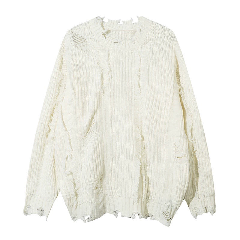 Damage Fringe Detail Asymmetric Oversize Knit Sweater WN10905