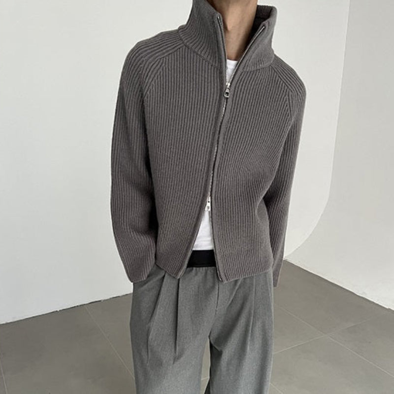 Thick Zipper Stand Neck Knit Cardigan WN21673