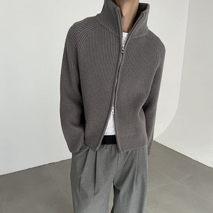 Thick Zipper Stand Neck Knit Cardigan WN21673