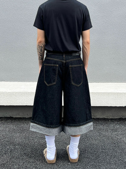 Cuffed Washed Wide Leg Denim Half Jeans WN19458