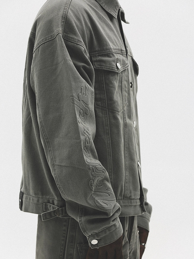 Embossed Washed Oversize Short Denim Jacket WN17793