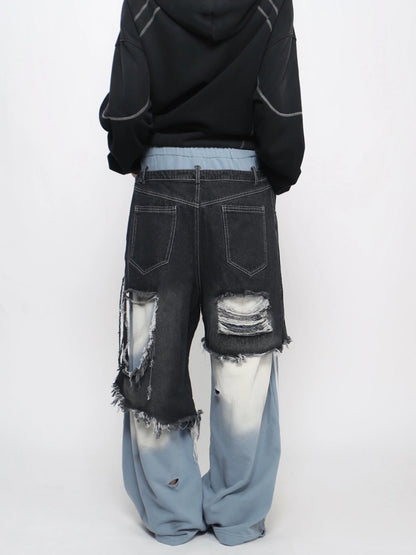 Damage Hole Fake Layered Stripe Sweatpants WN21052