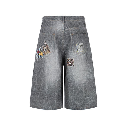 Applique Patchwork Wide Leg Half Denim Pants WN25625