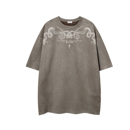 Python Print Suede Letter Print Short Sleeve T-Shirt WN25588