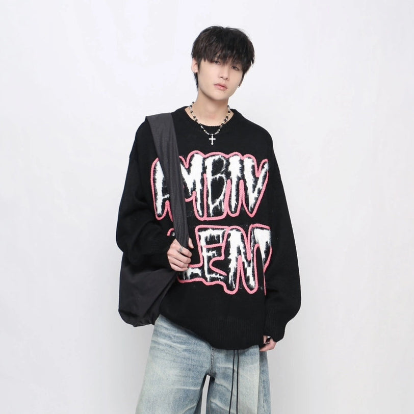 Letter Embroidery Oversize Knit Sweater WN21044
