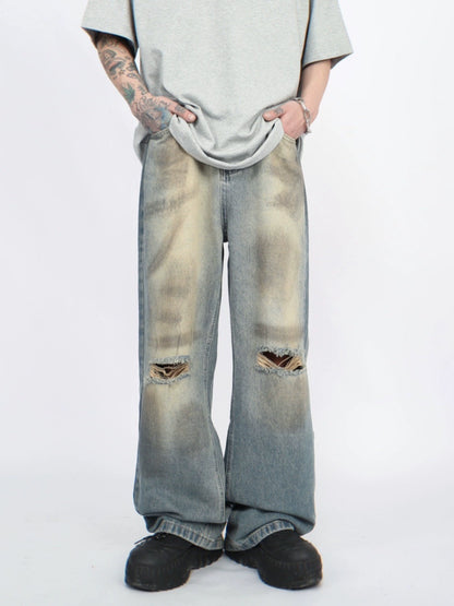 Damage Straight Leg Denim Jeans WN5298