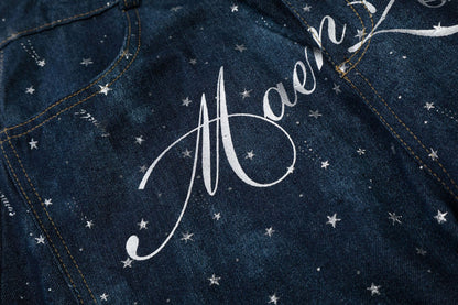 Star Print Curved Wide Leg Denim Jeans WN25696