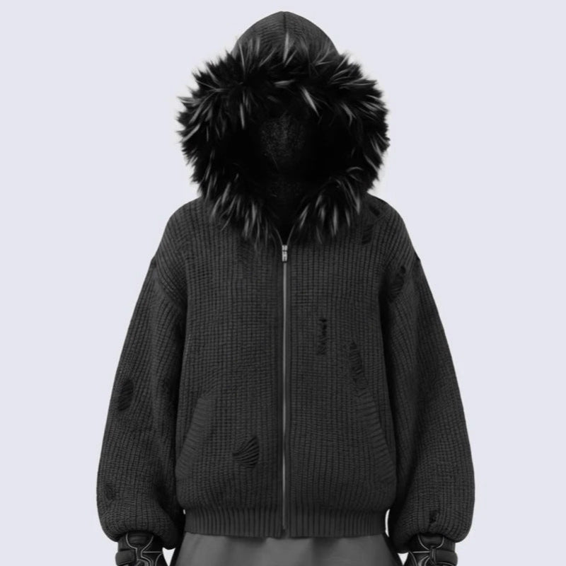 Fake Fur Collar Damage Zipper Knit Hoodie WN28100