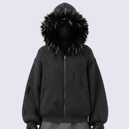 Fake Fur Collar Damage Zipper Knit Hoodie WN28100