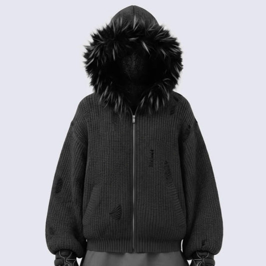 Fake Fur Collar Damage Zipper Knit Hoodie WN28100