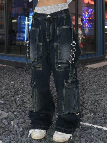 Deconstructed Pocket Washed Damage Wide Leg Cargo Denim Jeans WN24102