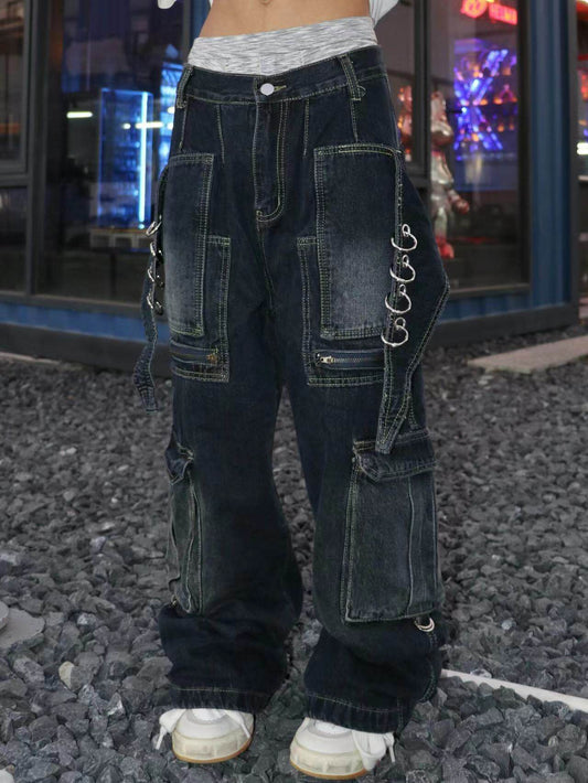 Deconstructed Pocket Washed Damage Wide Leg Cargo Denim Jeans WN24102