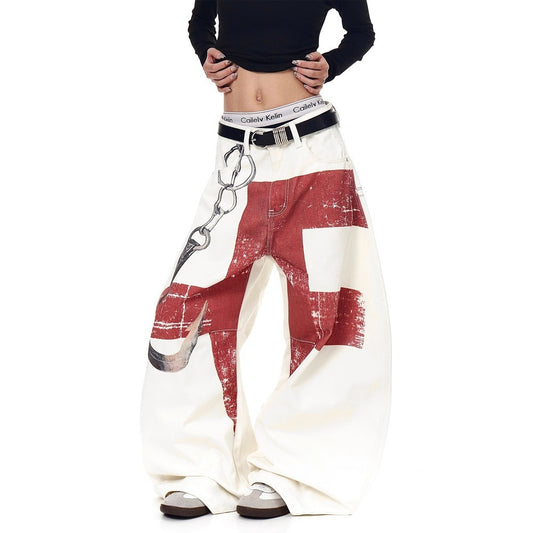 3D Chain Print Curved Wide Leg Denim Jeans WN27846