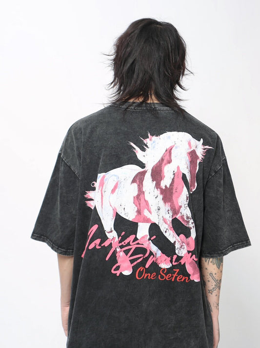 Washed Horse Graphic Print Oversize Short Sleeve T-Shirt WN24491