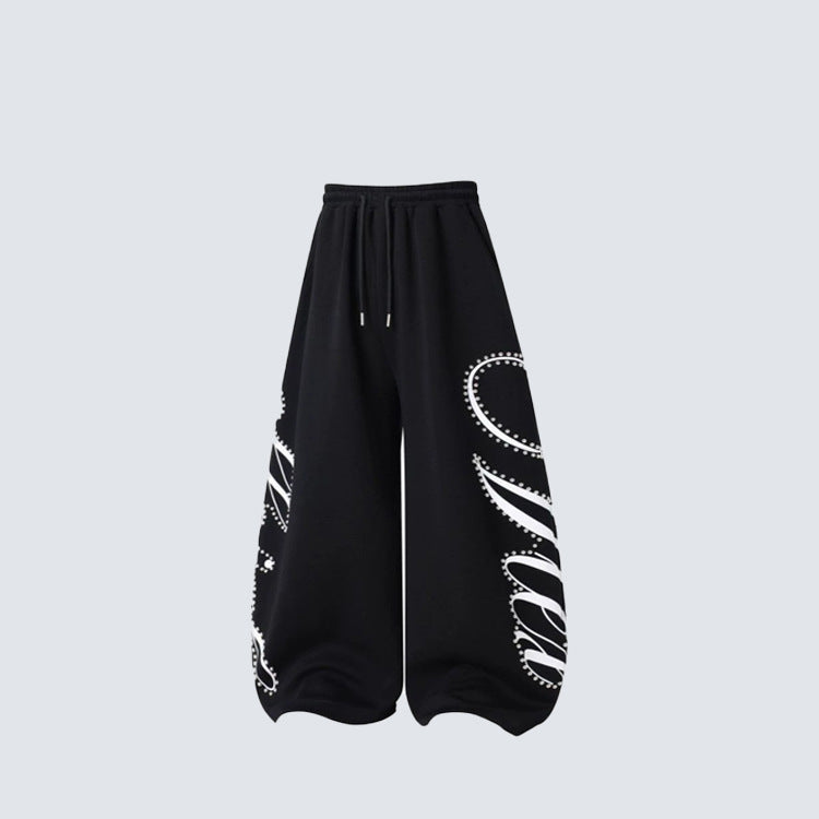 Metal Stud Graffiti Letter Print Curved Wide Leg Sweatpants WN27905