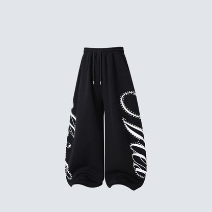 Metal Stud Graffiti Letter Print Curved Wide Leg Sweatpants WN27905