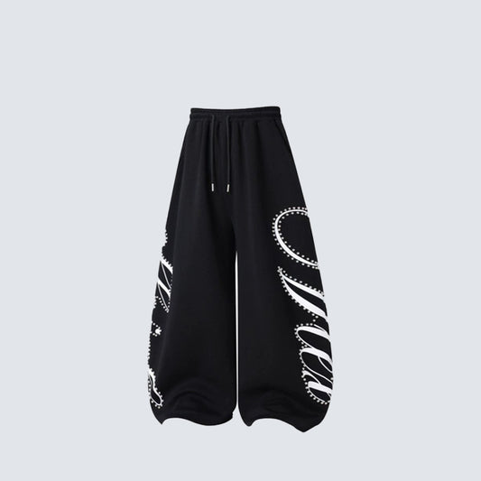 Metal Stud Graffiti Letter Print Curved Wide Leg Sweatpants WN27905