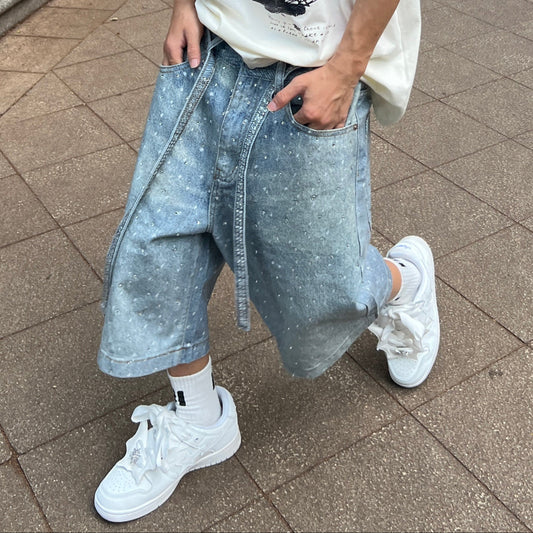 Paint Splatter Washed Denim Half Jeans WN24115