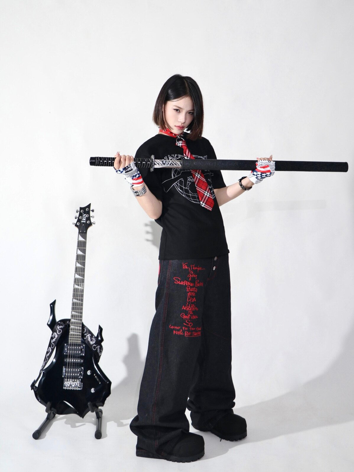Graffiti Print Wide Leg Denim Jeans WN24110