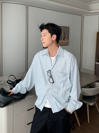 Vertical Stripe Waist-Fit Cotton Long Sleeve Shirt WN20474