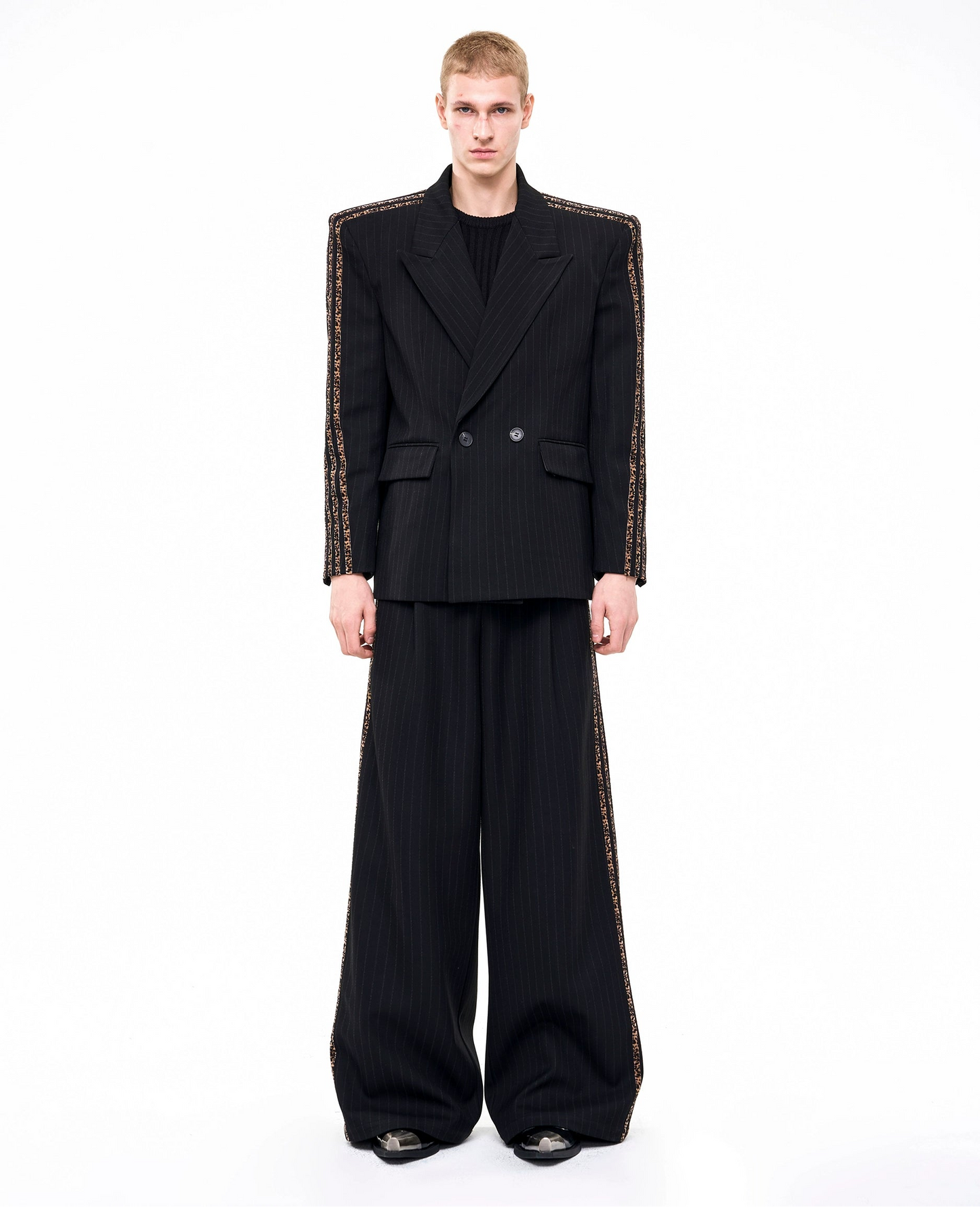 Striped Shoulder-pad Double-Breasted Tailored Jacket & Striped Wide Leg Trousers Setup WN21802