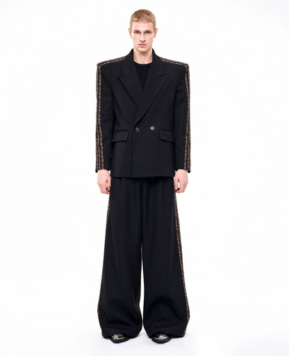 Striped Shoulder-pad Double-Breasted Tailored Jacket & Striped Wide Leg Trousers Setup WN21802