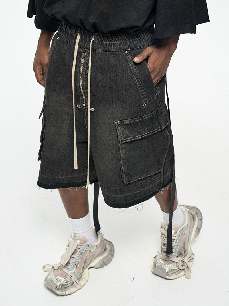 Zipper Drawstring Raw Edge Cargo Short Pants WN24337
