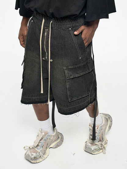 Zipper Drawstring Raw Edge Cargo Short Pants WN24337