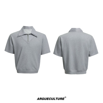 Glossy Double Collar Fake Layered Short Sleeve T-Shirt & Wide Leg Pants Setup WN18371