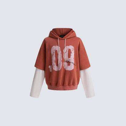 Washed Fake Layered Number Graphic Hoodie WN28120