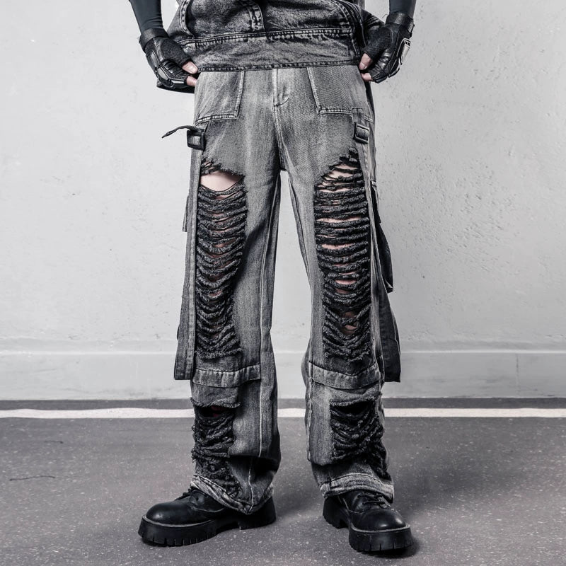 Ribbon Strap Damage Wash Wide Leg Denim Jeans WN22448