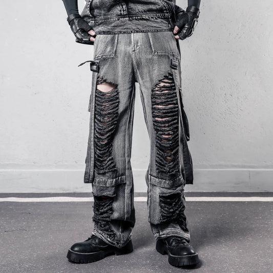 Ribbon Strap Damage Wash Wide Leg Denim Jeans WN22448