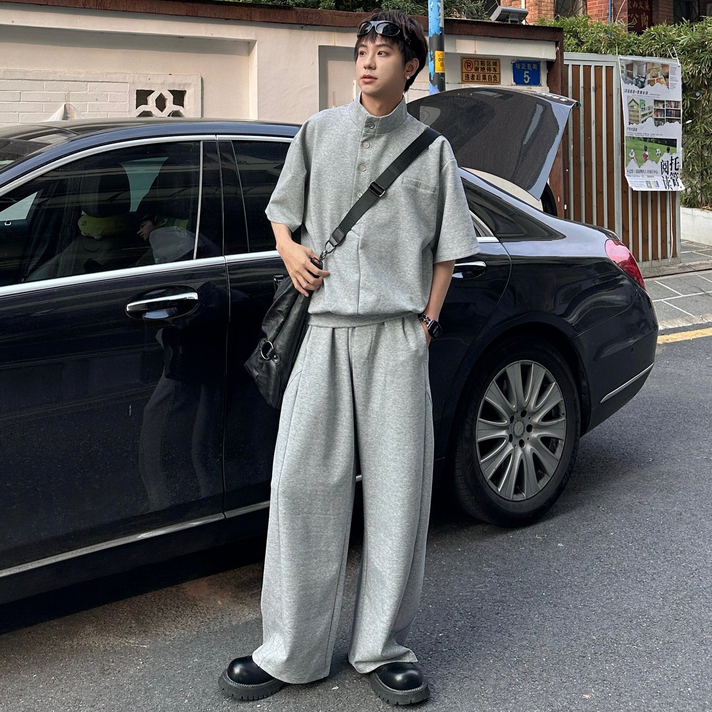 Standing-Collar Button Short Sleeve T-Shirt & Wide Leg Sweatpants Setup WN25303