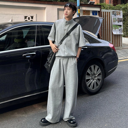 Standing-Collar Button Short Sleeve T-Shirt & Wide Leg Sweatpants Setup WN25303