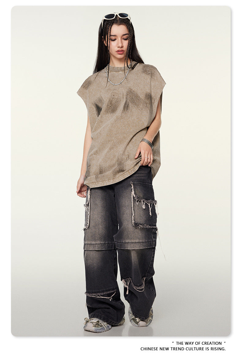 Washed Damage Oversize Tank Top T-shirt WN6440