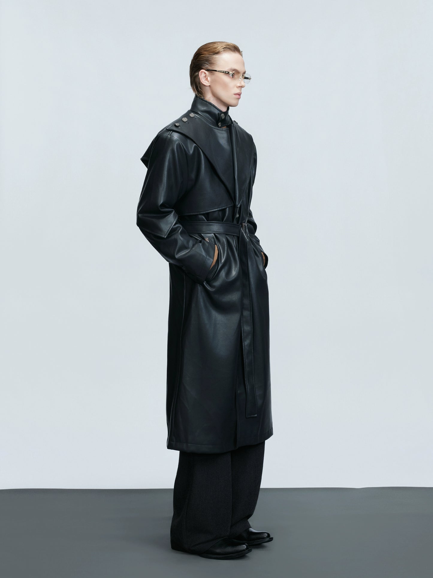 Standing-Collar Belted PU Leather Long Coat WN21748