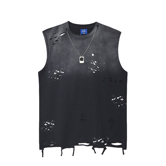Wash Ink Design Damage Sleeveless T-shirt WN16535