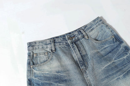 Washed Whisker Damage Wide Leg Denim Jeans WN26121