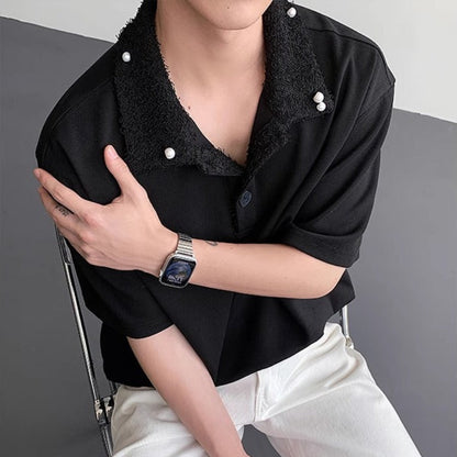 Fake Fur Collar Pearl PatchShort Sleeve Polo Shirt WN19306