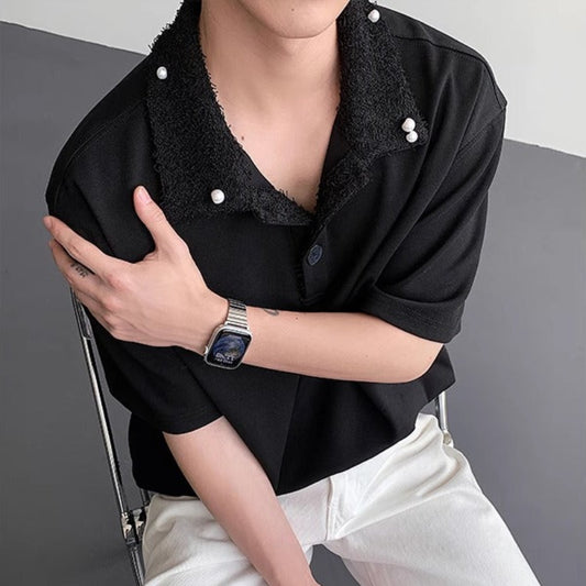 Fake Fur Collar Pearl PatchShort Sleeve Polo Shirt WN19306