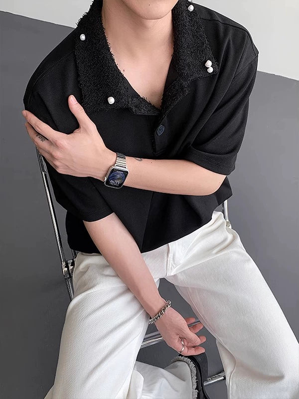 Fake Fur Collar Pearl PatchShort Sleeve Polo Shirt WN19306